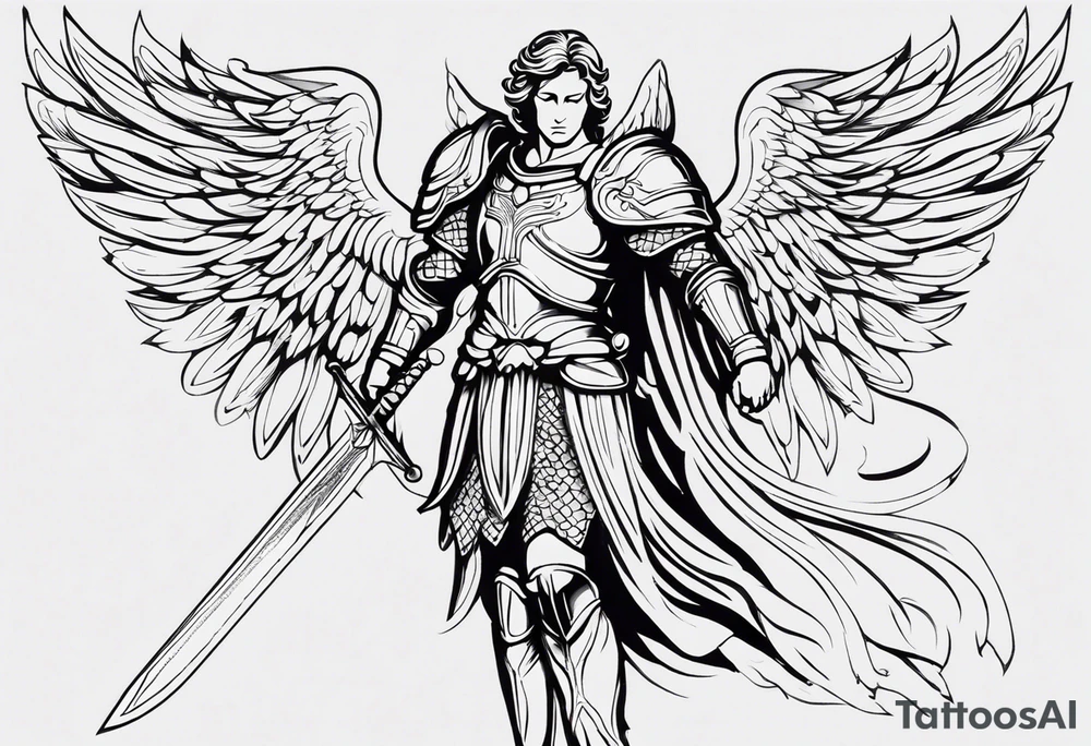 **Tattoo Design: Archangel Michael**

- **Central Theme**: Archangel Michael, majestic and powerful, stands ready with a raised sword, prepared to battle evil.
- **Appearance**: The figure of Archangel Michael depicted in full angelic armor, with majestic wings spread wide.
- **Expression**: His stance conveys strength, courage, and determination in defense of good.
- **Details**: Focus on intricate details such as facial features, armor embellishments, and the raised sword.
- **Background**: May be stylized as celestial, with rays of light or clouds, accentuating the divine presence of Archangel Michael.
- **Placement**: Intended for placement on the chosen body area, with the option to adjust the size according to personal preferences. tattoo idea