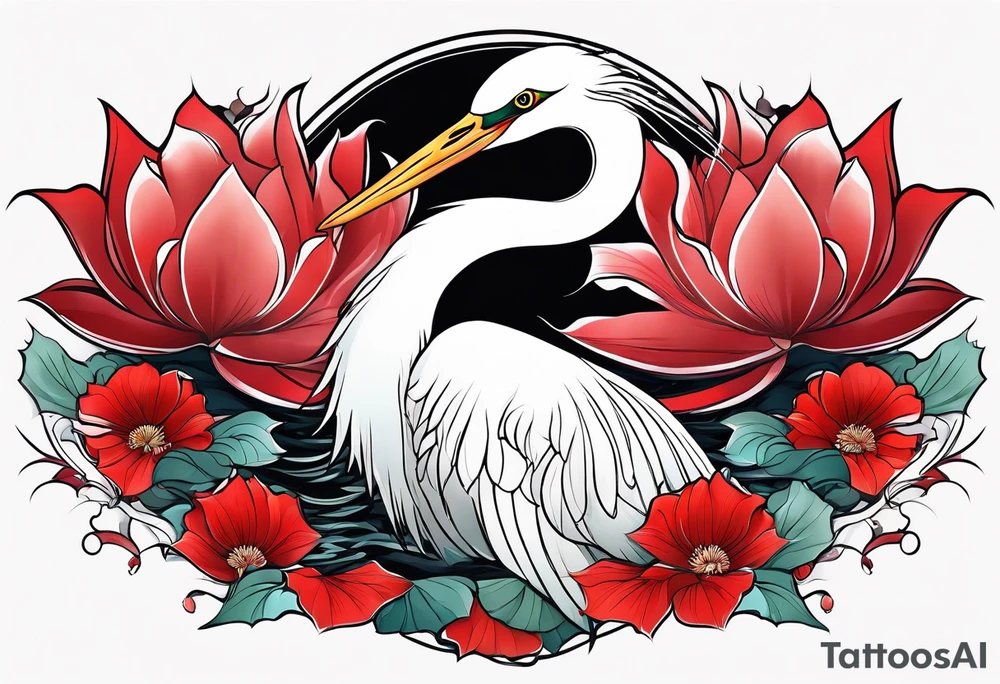 Egret and red lotuses tattoo idea