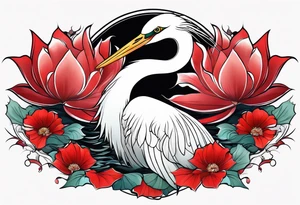 Egret and red lotuses tattoo idea