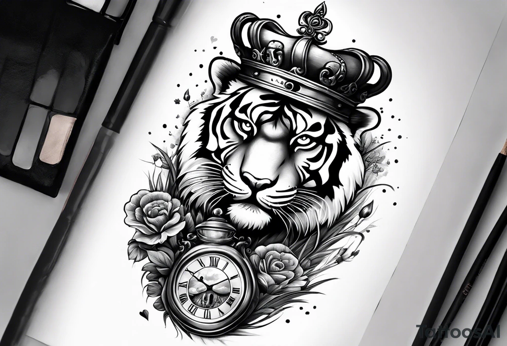 A tiger with a crown on the top with a third eye hourglass with a brain inside of the hourglass, covered in clouds, on the bottom of the hourglass, a heart covered in grass, a full detailed arm sleeve tattoo idea