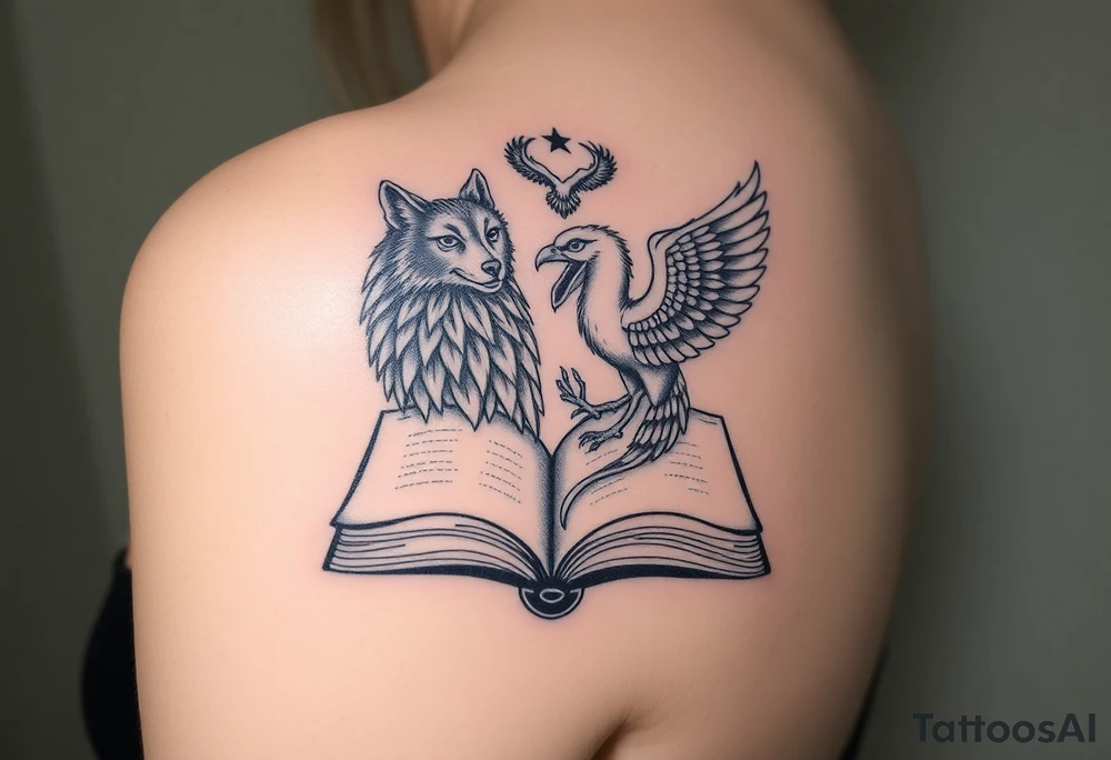 An open book with a werewolf, owl, dragon & phoenix above it tattoo idea An open book with a werewolf, owl, dragon & phoenix above it tattoo idea