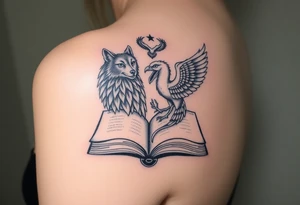 An open book with a werewolf, owl, dragon & phoenix above it tattoo idea
