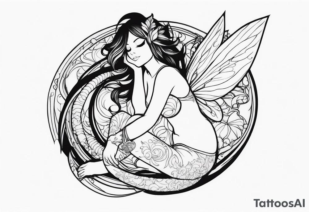 A fairy with a tail inspired by the logo of the show called Fairy Tail in a fetal position leaning in tattoo idea