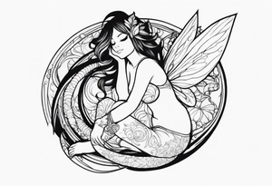 A fairy with a tail inspired by the logo of the show called Fairy Tail in a fetal position leaning in tattoo idea