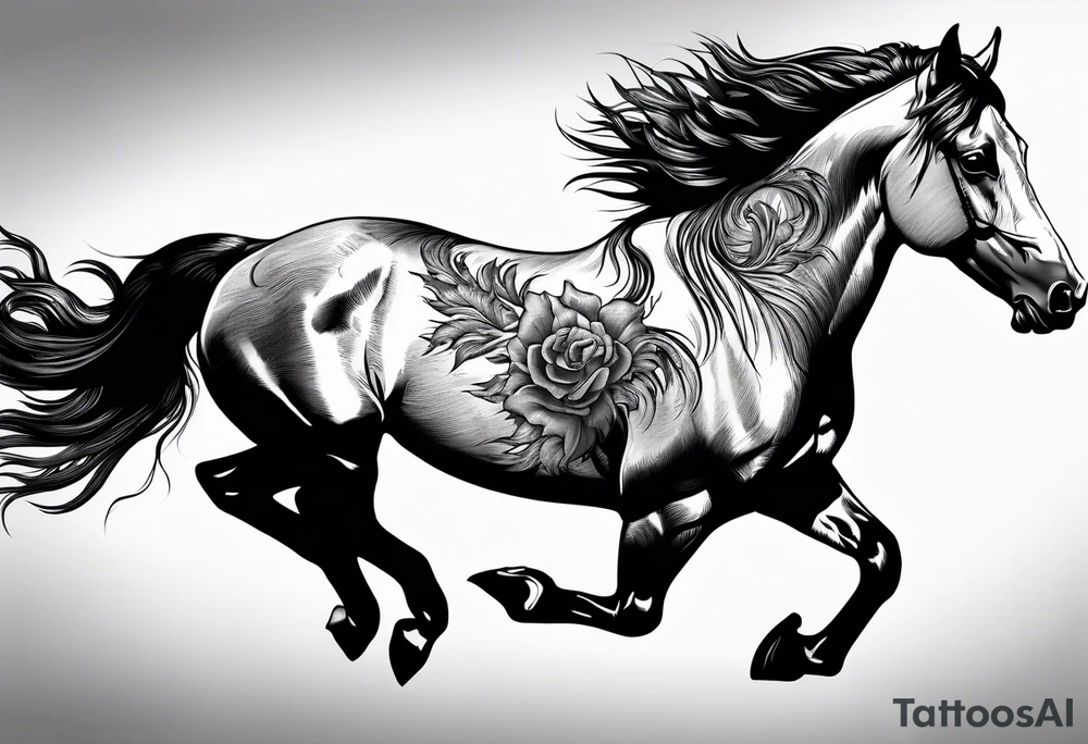 Mustang horse running along blood stomping tattoo idea