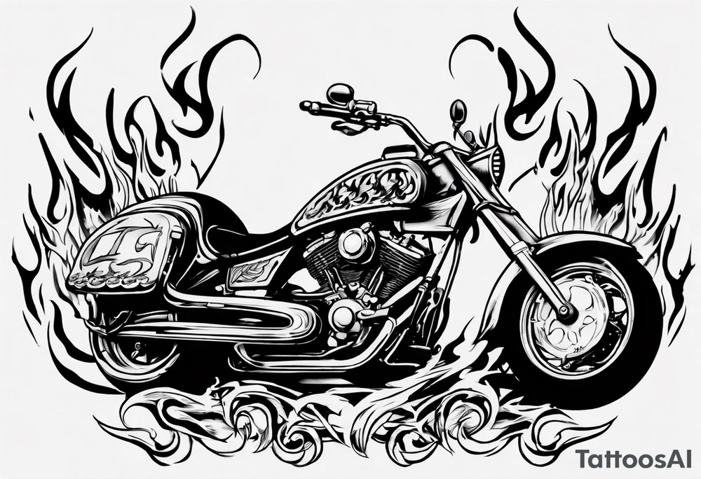 I want a detailed tattoo of a motorcycle surrounded by flames with the company name “Viking Customs” incorporated in the design tattoo idea