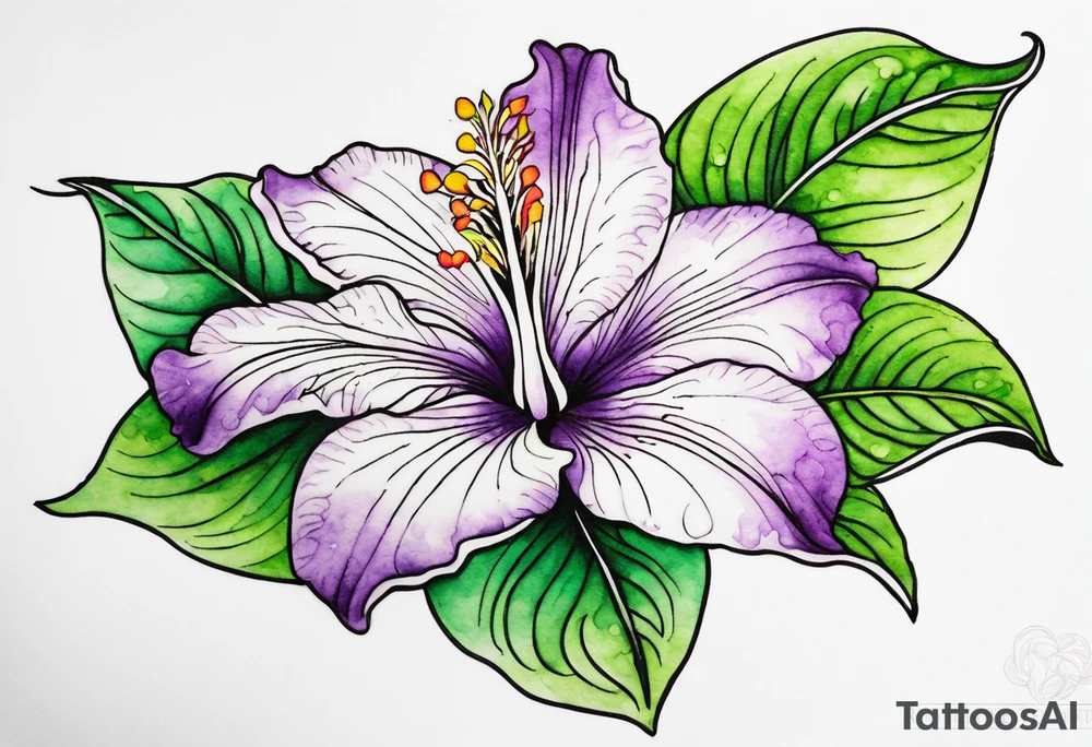 An outline of a rio dipladenia flower with a green and purple watercolor mix in the background tattoo idea