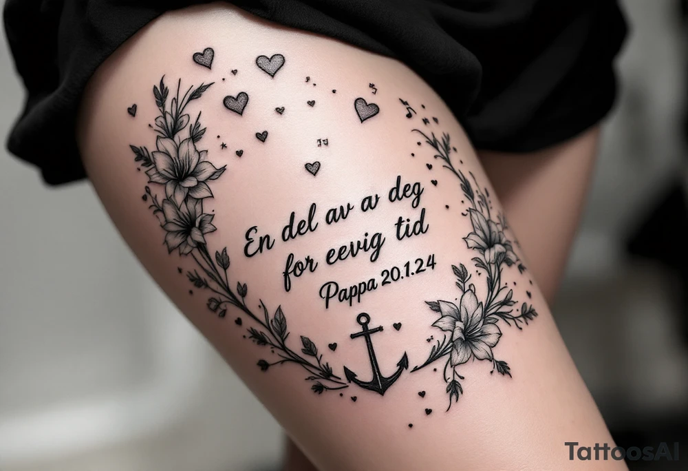 «En del av deg for evig tid
Pappa 20.12.24» Surrounded by long gladiolus, hearts, notes and an anchor tattoo idea