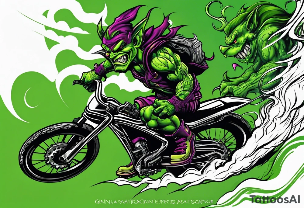 Green goblin riding a Santa Cruz blur full suspension mountain bike tattoo idea