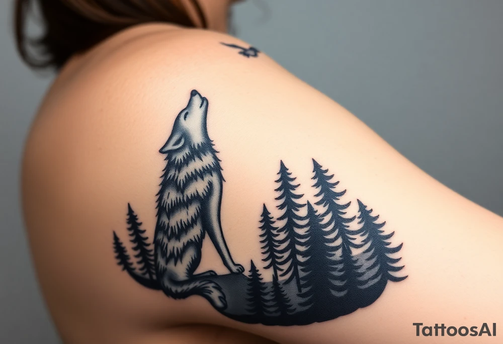 Lone wolf howling at the moon stars in the night sky in a forest with a little dove in the sky tattoo idea