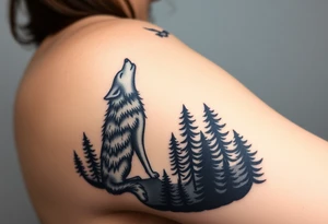 Lone wolf howling at the moon stars in the night sky in a forest with a little dove in the sky tattoo idea