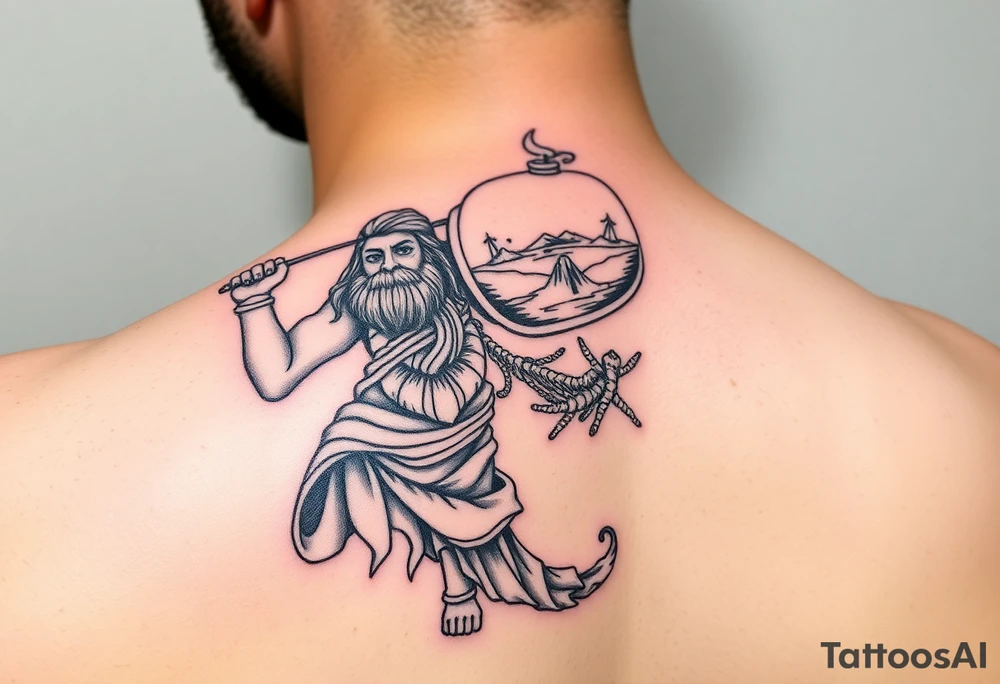 A large humanized god carrying a jar on his shoulder, the jar flows from water to create a marine environment tattoo idea