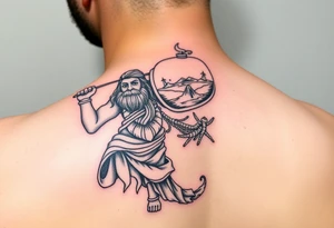 A large humanized god carrying a jar on his shoulder, the jar flows from water to create a marine environment tattoo idea