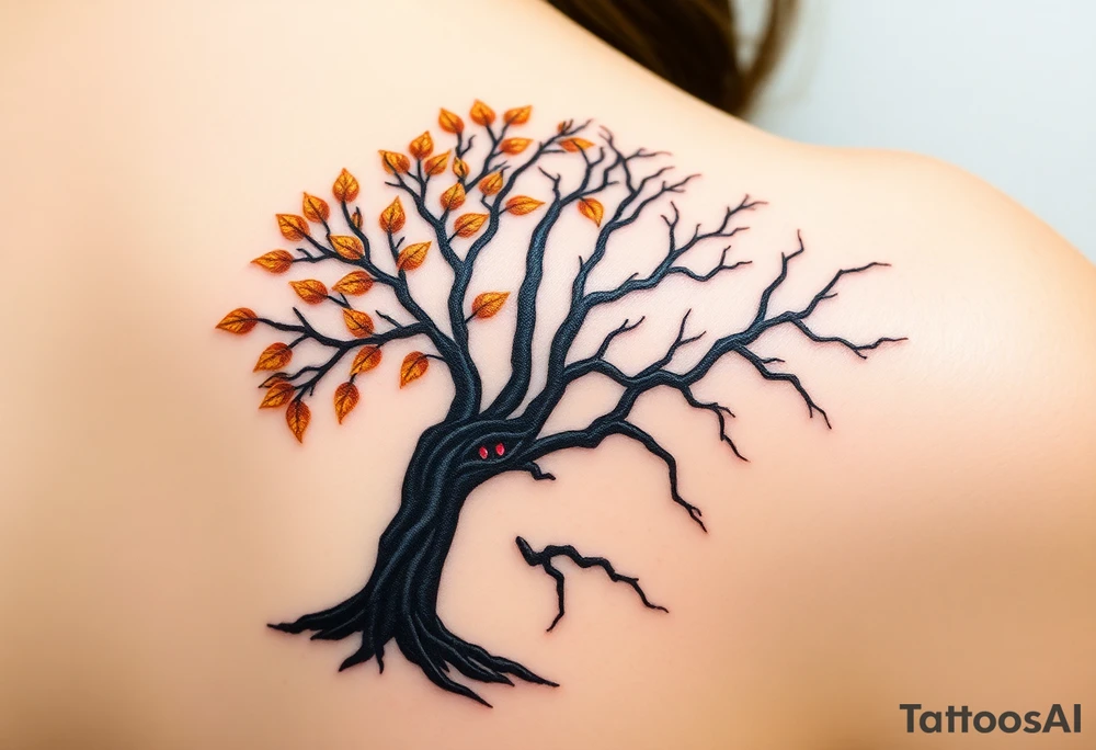 A tree of life with golden leaves, flourishing on one side, symbolizing growth and harmony, juxtaposed against a barren black tree with twisted branches and deep red eyes peering through the shadows, signifying decay and destruction tattoo idea