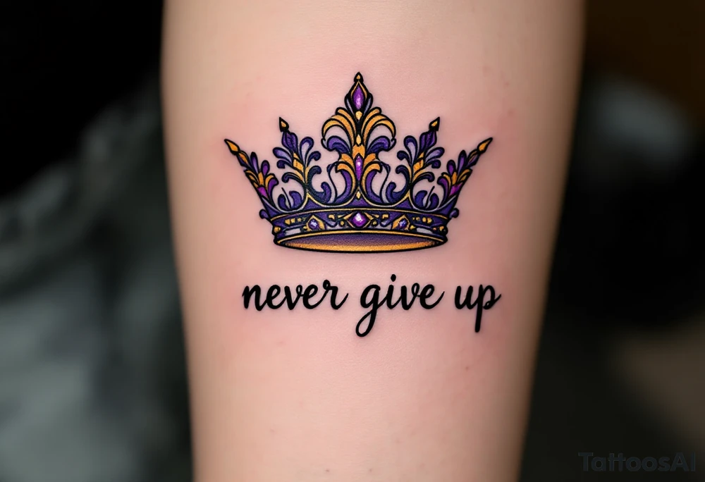 A queen crown above "never give up" in royal purple and dark gold, signifying resilience and self-worth. tattoo idea