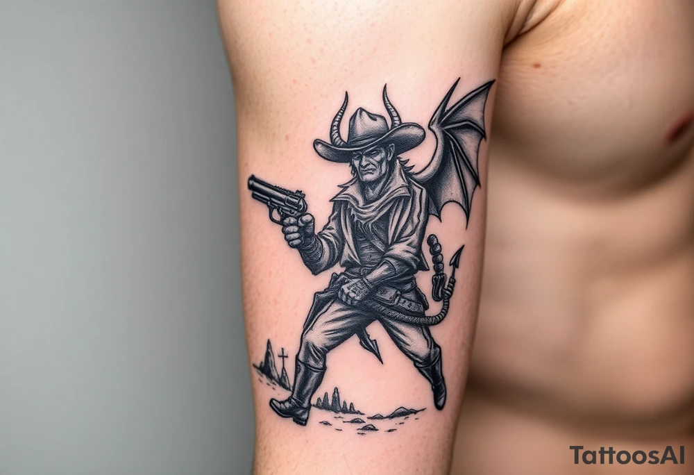 demon in cowboy-clothing,big gun,landscape,cowboy-hat. tattoo idea
