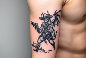 demon in cowboy-clothing,big gun,landscape,cowboy-hat. tattoo idea