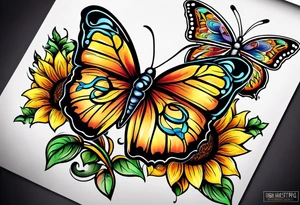 Multi color sunflowers with a butterfly and cross arm sleeve tattoo idea