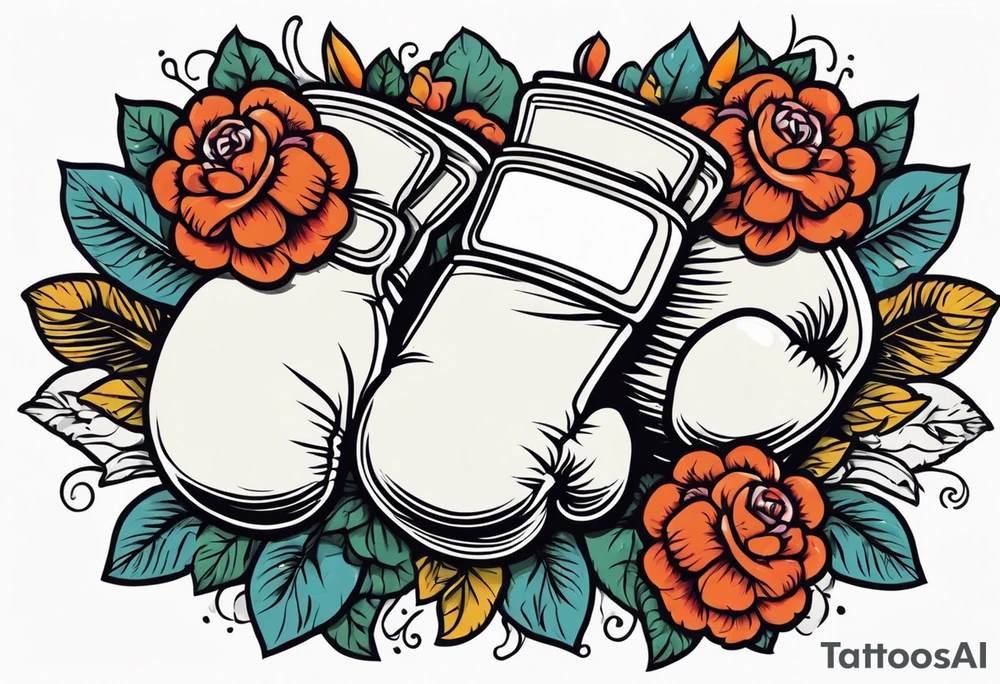 boxing gloves and flowers around the gloves  bold colors traditional old school vintage tattoo idea