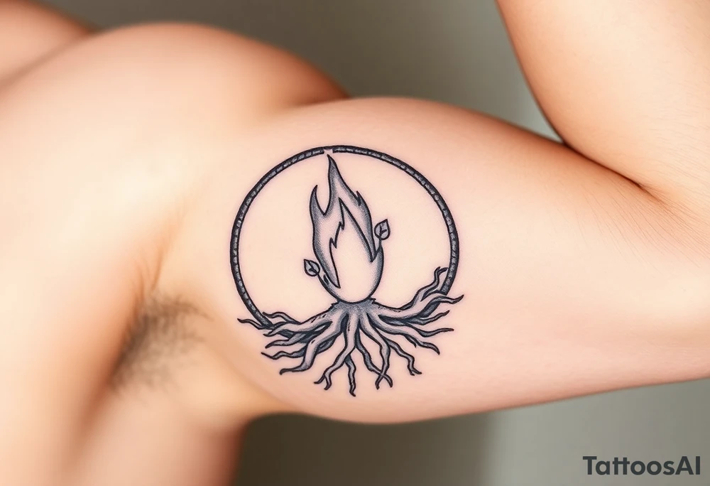 flame in a roots circle, with little sprouts on th roots tattoo idea