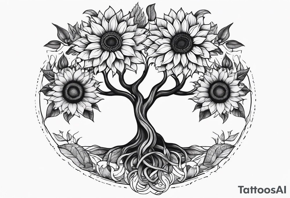 Feminine Yggdrasil tree with two sunflowers tattoo idea