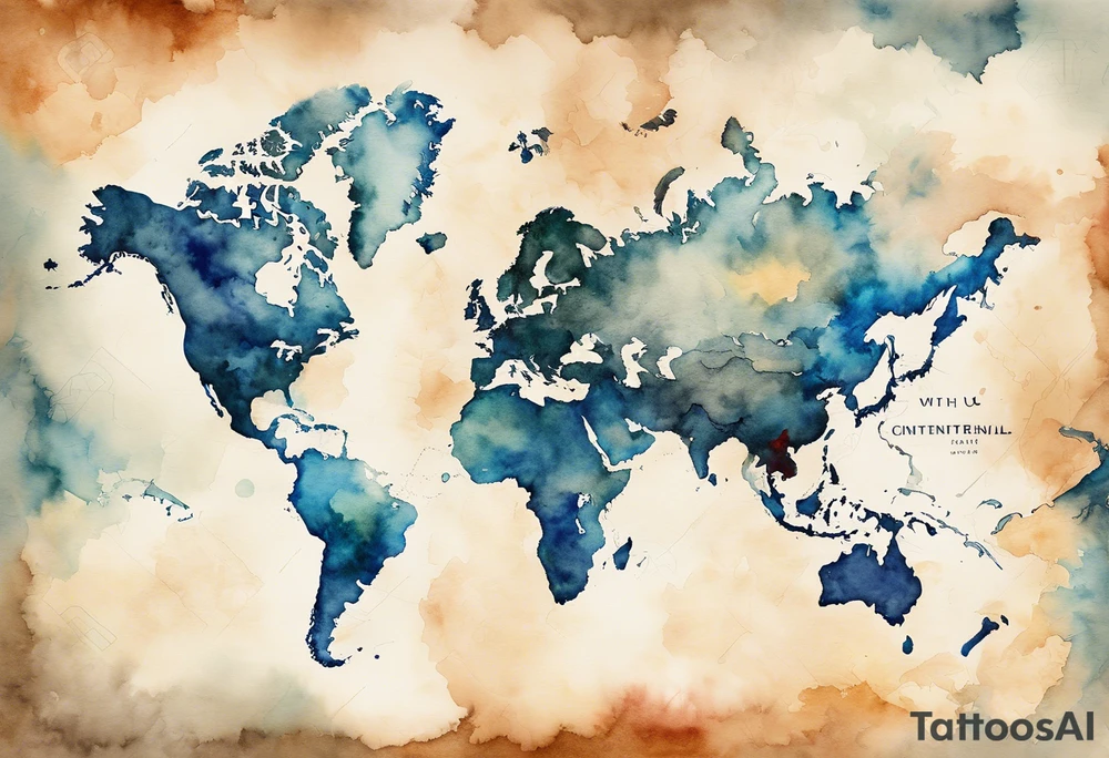 Map US to europe with one tiny jet plane showing intercontinental flight path. Watercolor with spilled watercolor look abstract, antiqued tattoo idea