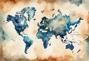 Map US to europe with one tiny jet plane showing intercontinental flight path. Watercolor with spilled watercolor look abstract, antiqued tattoo idea