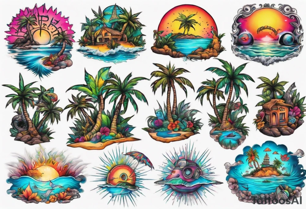 Psychedelic paradise island tattoo idea