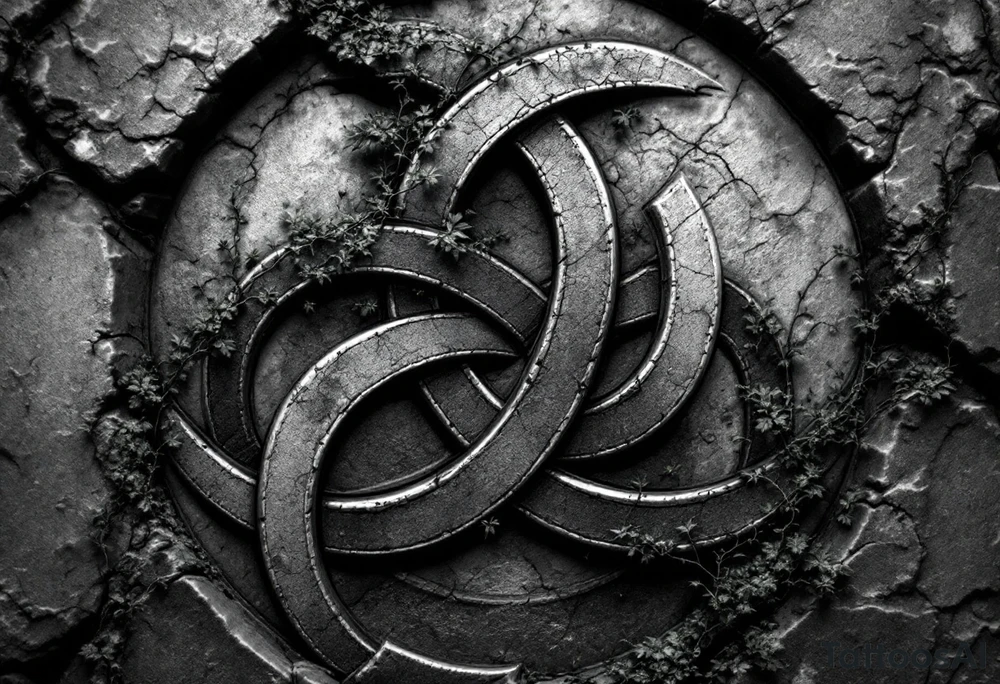 Celtic Trinity Knot with Stone Texture and Vines – A bold, interwoven Celtic triquetra (trinity knot) carved into weathered stone, with fine moss and ivy vines wrapping through the loops. The design is textured like ancient granite, in stone gray, deep forest green, and subtle earthy brown tones, evoking timelessness and natural connection. tattoo idea
