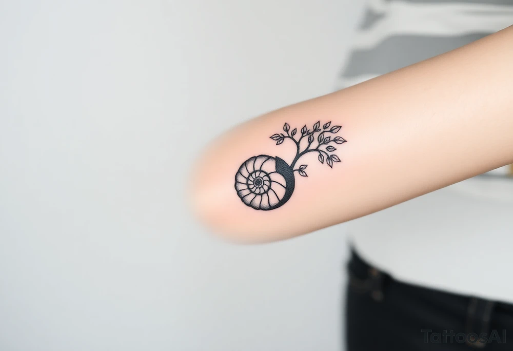 Fibonacci spiral shell on side of tree full of lots of leaves tattoo idea