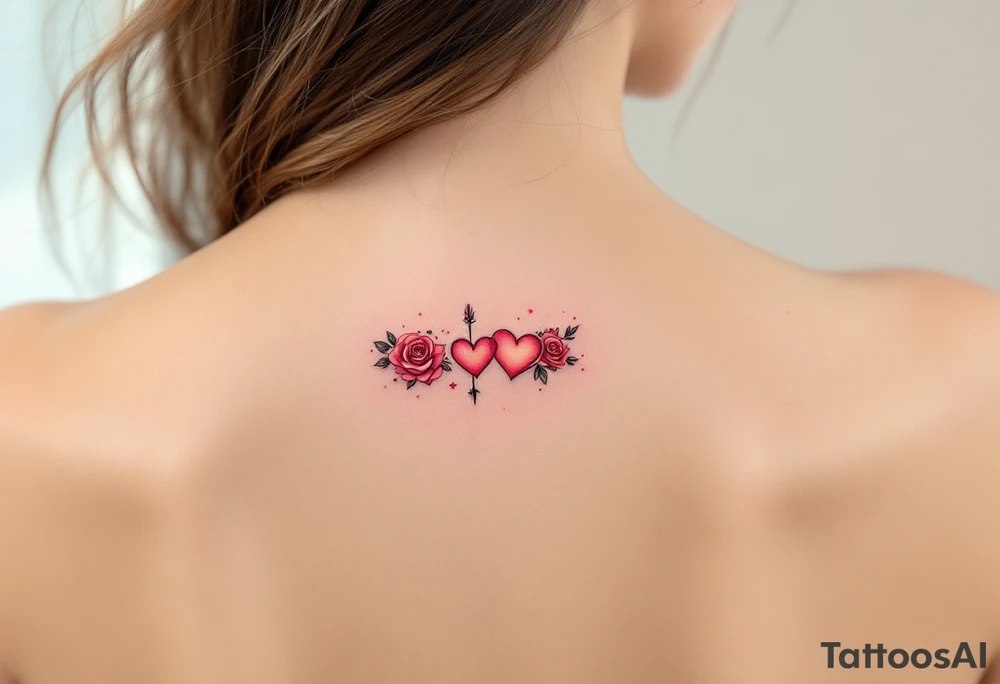 A minimalist yet stylish heart tattoo featuring two small hearts, one slightly larger than the other, linked together with a delicate vine of roses. The design incorporates soft pink and red gradients with subtle sparkles around the edges. To add a unique touch, there's a tiny Cupid's arrow piercing through the hearts, symbolizing true love and affection. tattoo idea