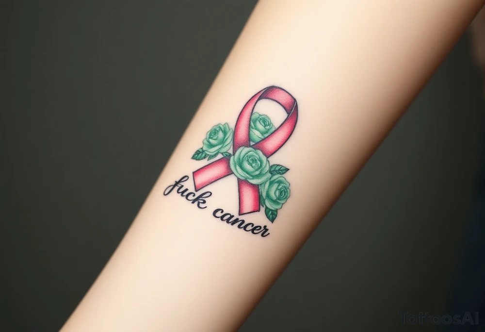 Pretty pink Cancer ribbon that says "fuck cancer"with 3 light green 
roses tattoo idea