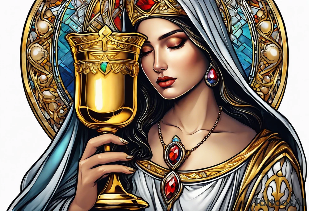 holy saint woman turned away with golden halo holding a chalice tattoo idea
