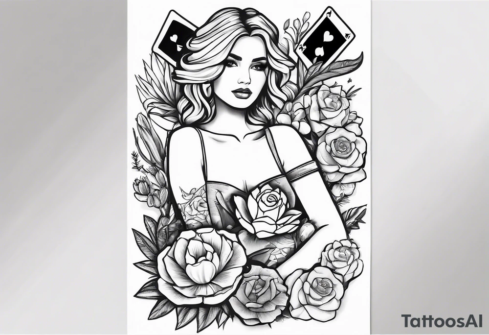 womens western sticker tattoo arm sleeve with playing cards, snakes, and cactuses with flowers in the background tattoo idea