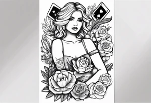 womens western sticker tattoo arm sleeve with playing cards, snakes, and cactuses with flowers in the background tattoo idea