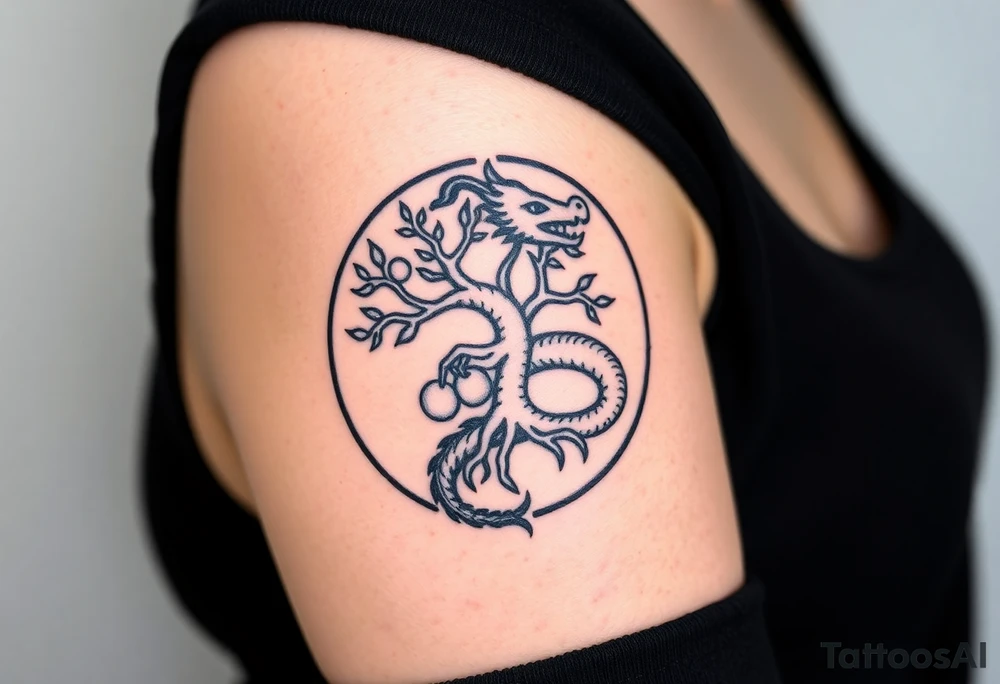a dragon forming a circle with its body.  the dragon encircles the tree of life.   the tree of life has fruit  and the dragon is eating the fruit. the roots of the tree are strangling the tail of the dragon tattoo idea