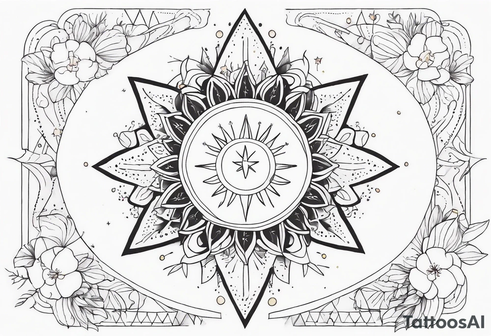fine line with sun, stars, floral, dots. Sternum tattoo tattoo idea