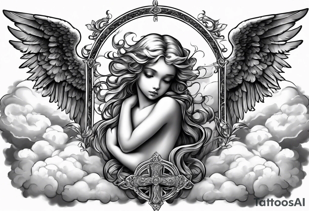 Angelic Angel holding cross in clouds tattoo idea