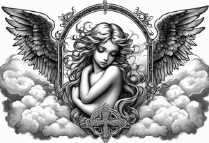 Angelic Angel holding cross in clouds tattoo idea