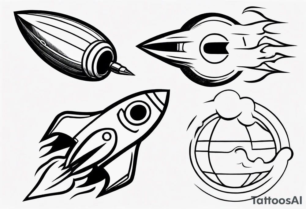 Super simple cartoon rocket ship with a round window, 3 fins, and fire coming out the bottom

Add some shading and detail to make less basic tattoo idea