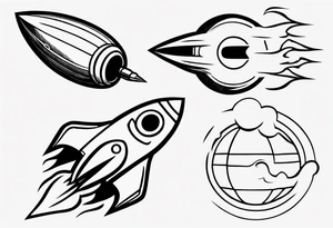 Super simple cartoon rocket ship with a round window, 3 fins, and fire coming out the bottom

Add some shading and detail to make less basic tattoo idea