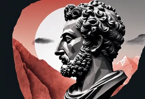 A grey statue of the face of Marcus Aurelius looking toward the observer in a 25 degree angle. The bottom left part of the statue is broken. The Background are mountains in a red hue. tattoo idea