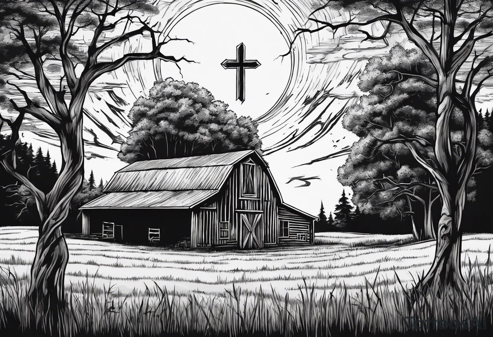 barn with a tree in front and woods behind with a sun being down showing a cross tattoo idea