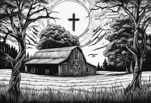 barn with a tree in front and woods behind with a sun being down showing a cross tattoo idea