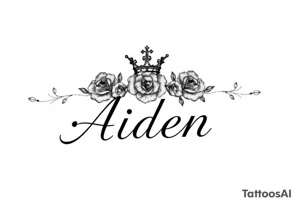 Small size Kings crown roses above the name Aiden tattoo idea