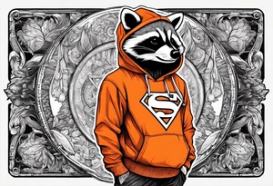 Raccoon wearing an orange Superman hoodie tattoo idea