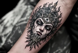 beautiful dmt deity with 3rd eye open tattoo idea