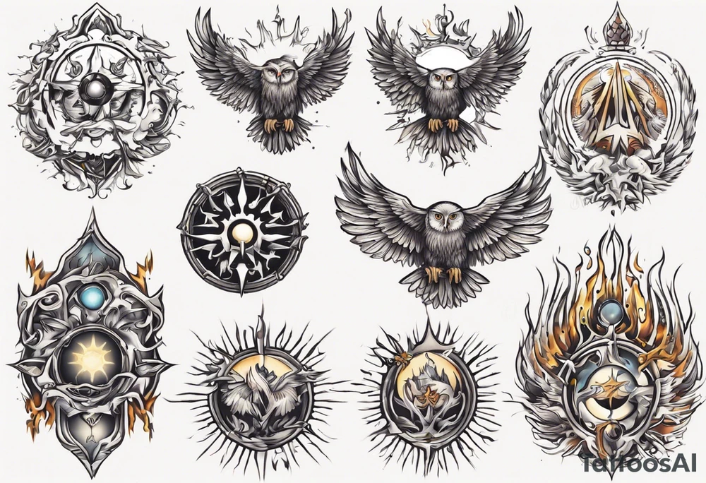 symbol eines Kriegers Wassermann Eule Sonne tattoo idea