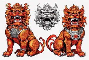 Red and orange Okinawa shisa dogs pair. One with mouth open, one with mouth closed. chest piece tattoo idea