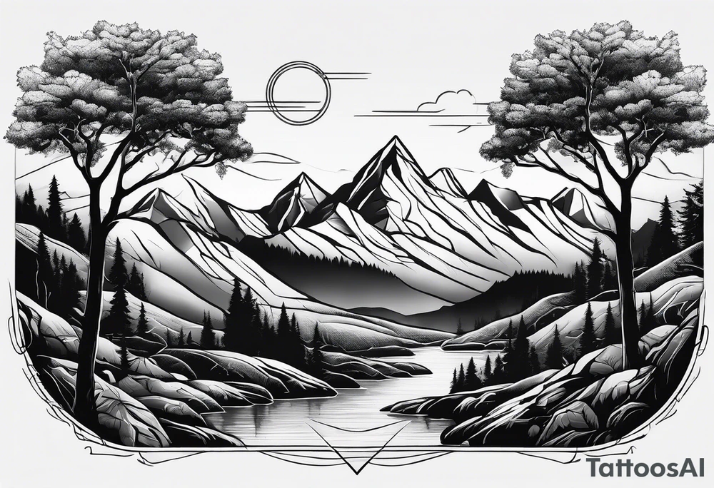 Mountains valley trees tattoo idea